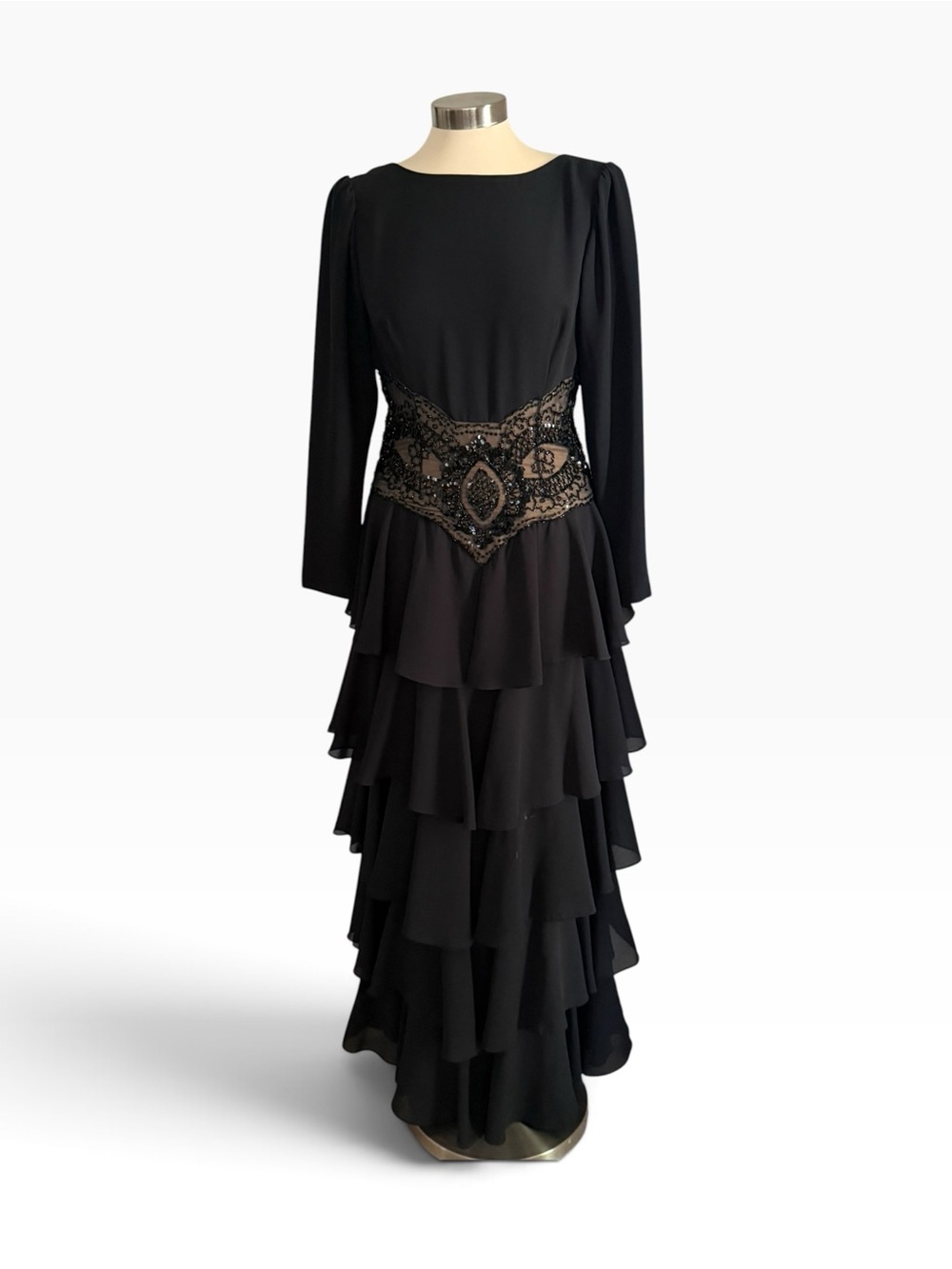 Vintage 1980s Jack Bryan Elegant Black Tiered Evening Dress with Beaded Waist